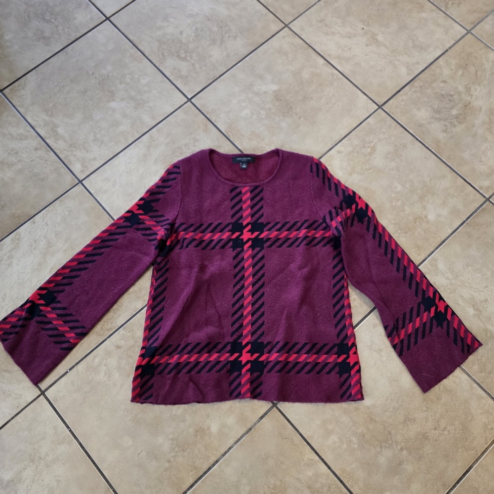 Ann Taylor Burgundy and Black Plaid Sweater Sz M P